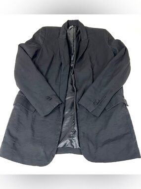 Zara Women’s Size Small Long Blazer Jacket Solid Black Open Front Shoulder Pads